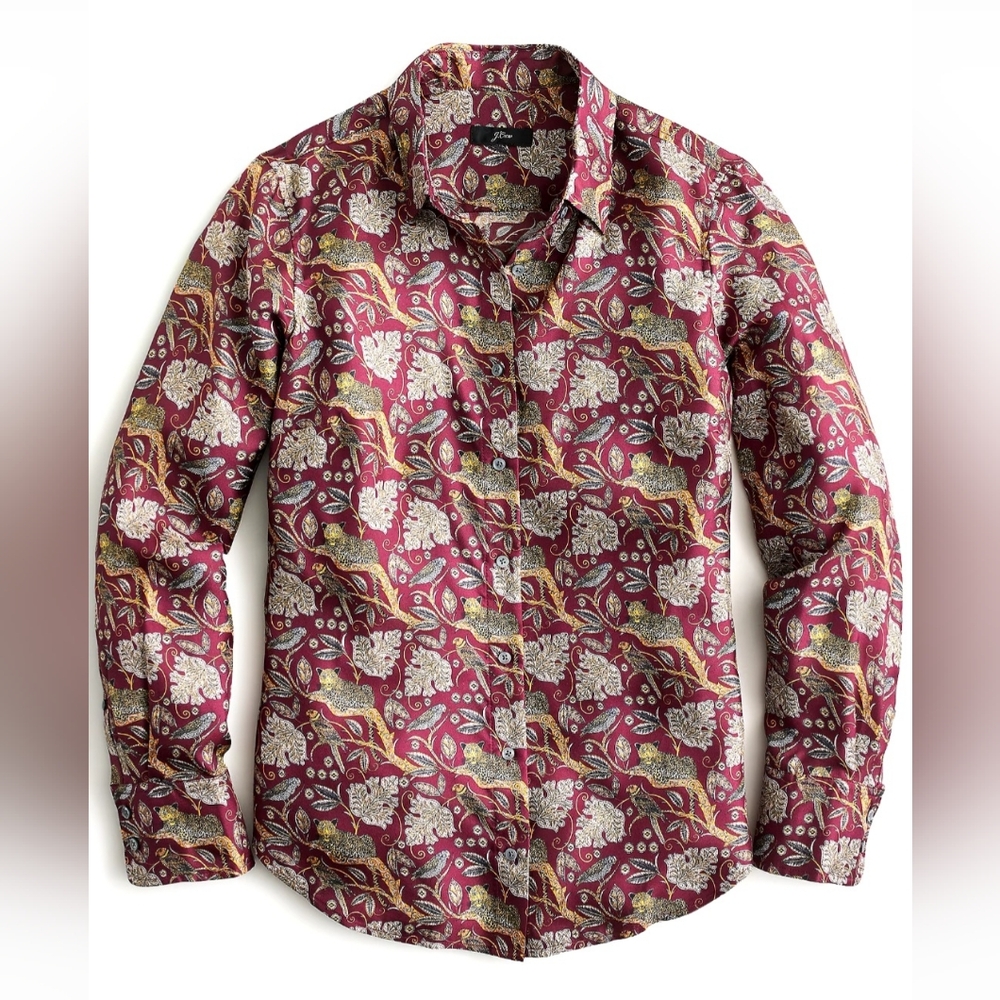 New! J.Crew Collection sz 6 Silk Twill Shirt Top Burgundy Jungle Cat NWT
